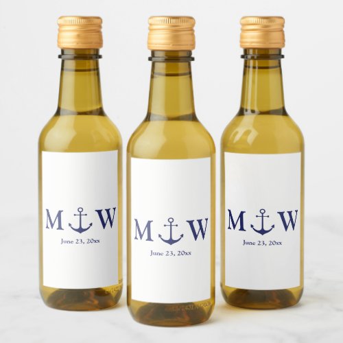 Wedding nautical anchor navy blue white monogram wine label