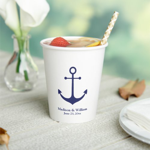 Wedding nautical anchor navy blue white name date paper cups