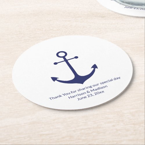 Wedding nautical anchor navy blue white round paper coaster
