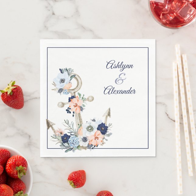 Wedding Nautical Anchor Navy Peach Floral Names Napkins (Insitu)