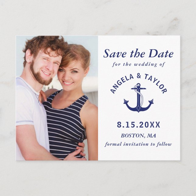 Wedding Nautical Anchor Photo Navy Blue Announcement Postcard (Front)