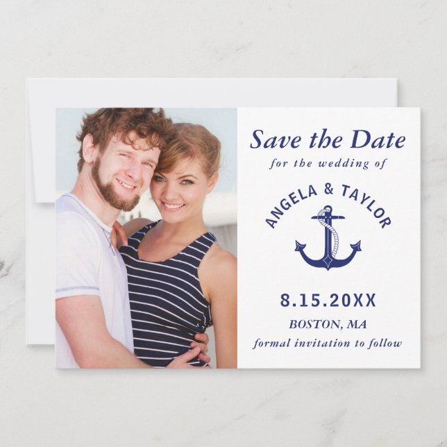 Wedding Nautical Anchor Photo Navy Blue Striped Save The Date (Front)