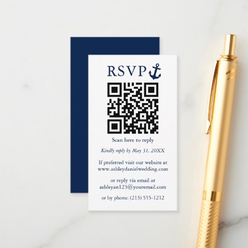 Wedding Nautical Blue Anchor QR RSVP Enclosure Card