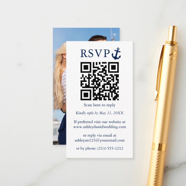 Wedding Nautical Blue Anchor QR RSVP Photo Enclosure Card (Front/Back In Situ)