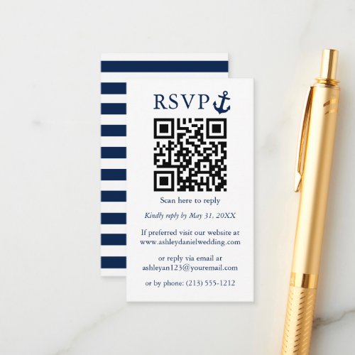 Wedding Nautical Blue Anchor QR RSVP Striped Enclosure Card