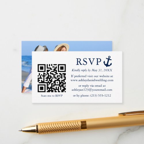 Wedding Nautical Blue Anchor RSVP QR Photo Enclosure Card