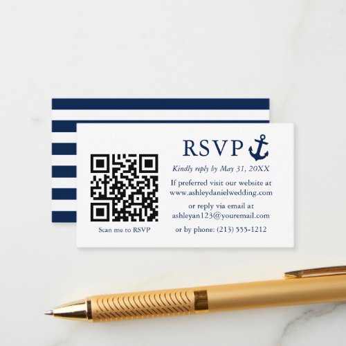 Wedding Nautical Blue Anchor RSVP QR Striped Enclosure Card