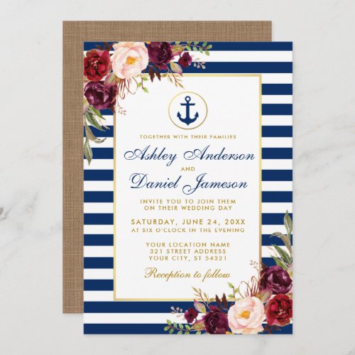 Wedding Nautical Blue Stripes Burgundy Invite B