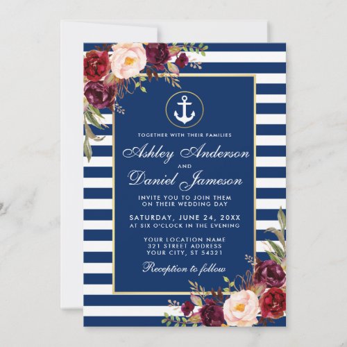 Wedding Nautical Blue Stripes Burgundy Invite W