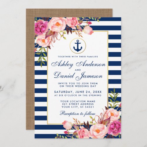 Wedding Nautical Blue Stripes Floral Pink Invite B