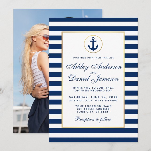 Wedding Nautical Blue Stripes Invite B Photo Back (Front/Back)