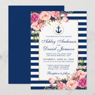 Wedding Nautical Blue Stripes Pink Floral Invite B