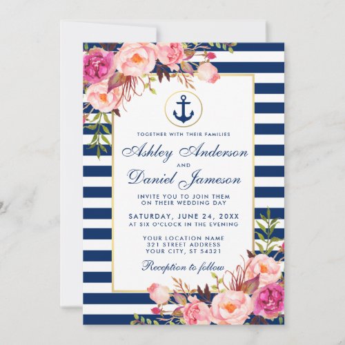 Wedding Nautical Blue Stripes Pink Floral Invite W