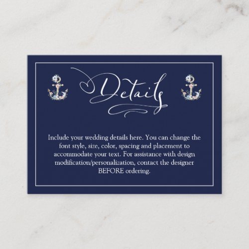 Wedding Nautical Floral Anchor Navy Blue DETAILS Enclosure Card