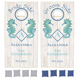 Wedding Nautical Modern Seahorse Monogram Cornhole Set