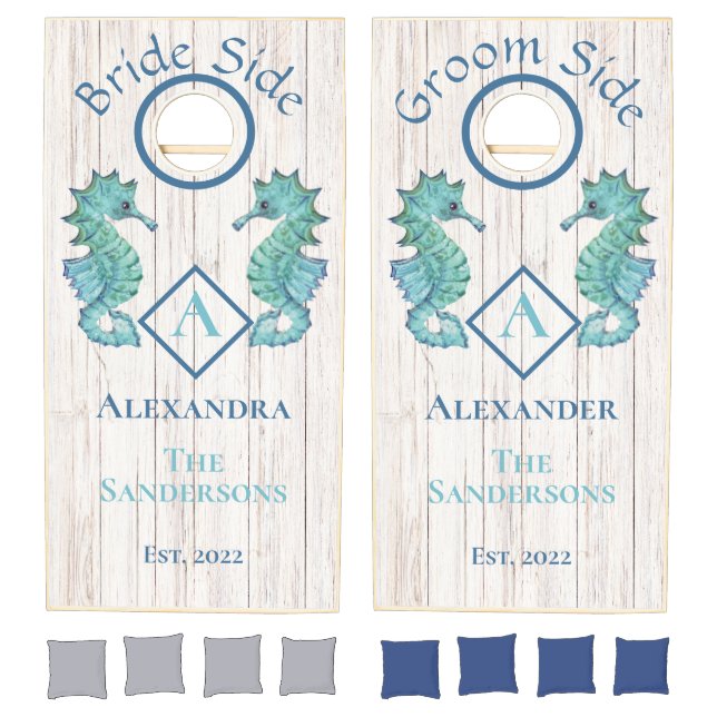 Wedding Nautical Modern Seahorse Monogram  Cornhole Set (Set)