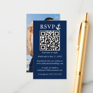 Wedding Nautical Navy Blue Anchor QR RSVP Photo Enclosure Card