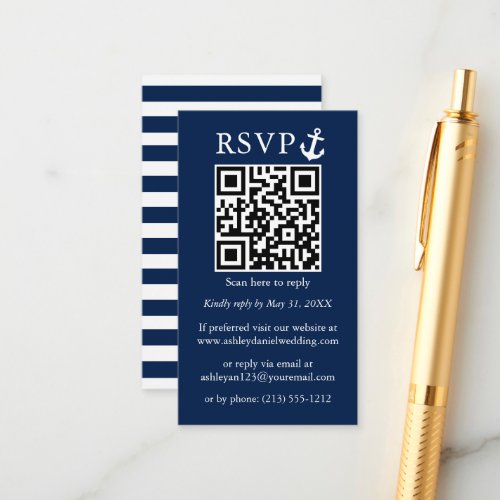 Wedding Nautical Navy Blue Anchor QR RSVP Striped Enclosure Card