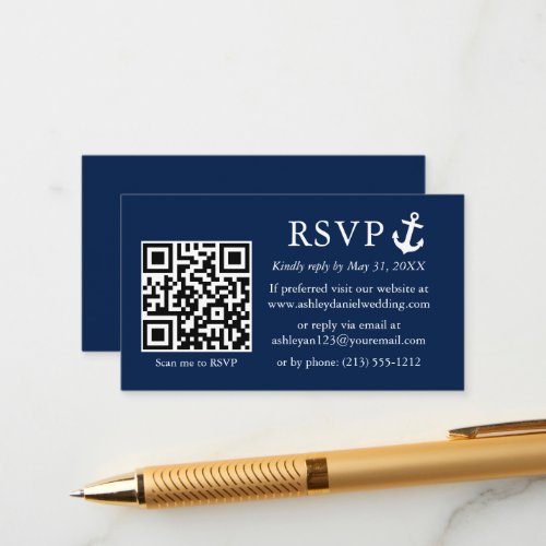 Wedding Nautical Navy Blue Anchor RSVP QR Enclosure Card