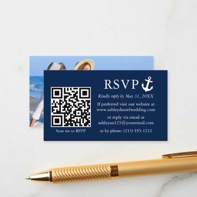 Wedding Nautical Navy Blue Anchor RSVP QR Photo Enclosure Card (Front/Back In Situ)