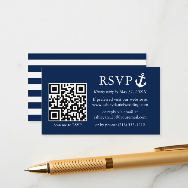 Wedding Nautical Navy Blue Anchor RSVP QR Striped Enclosure Card (Front/Back In Situ)