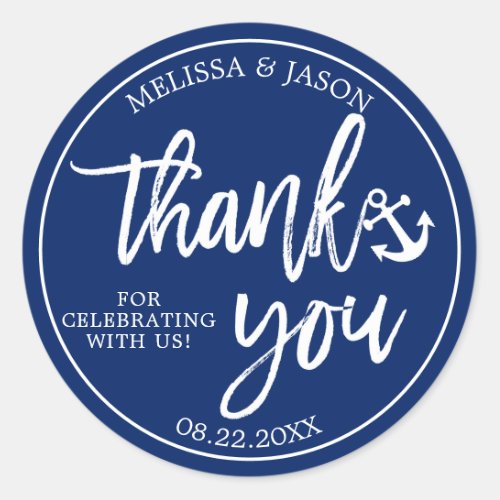 Wedding Nautical Navy Blue White Thank You Classic Round Sticker