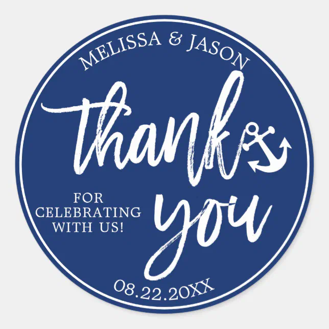 Wedding Nautical Navy Blue White Thank You Classic Round Sticker Zazzle