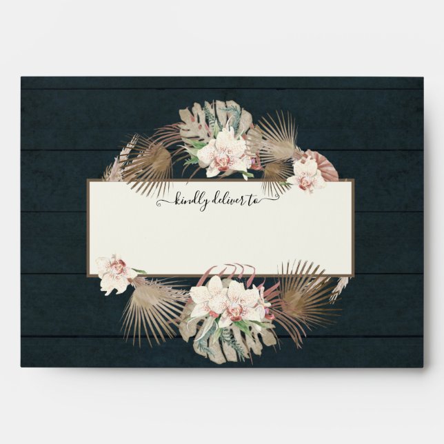 Wedding Nautical Navy Watercolor Floral Palm Leaf Envelope (Front)