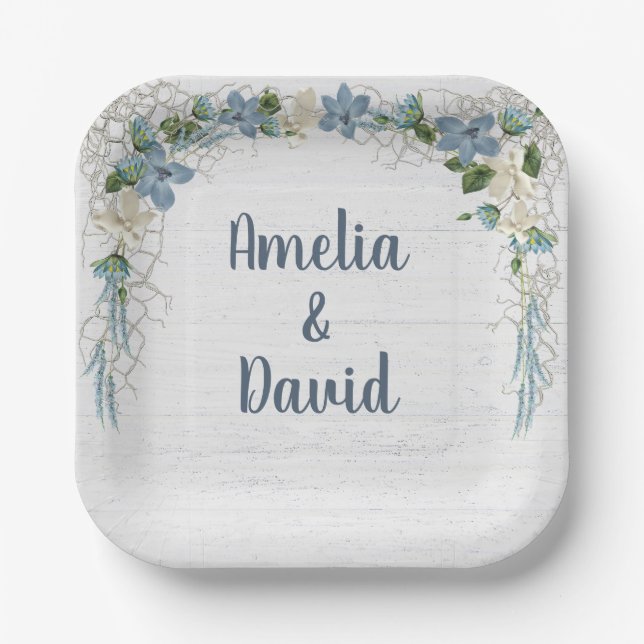 Wedding Nautical Net On Whitewashed Wood Paper Plates (Front)