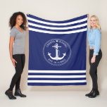 Wedding Nautical White Anchor Blue Stripe Monogram Fleece Blanket<br><div class="desc">Perfect for a unique wedding gift for the newlyweds this nautical blanket features a white anchor with a circular rope border and three white horizontal stripes on each end on a navy blue background. Personalize with the bride and groom's first names and year established, or replace with other text. Navy...</div>