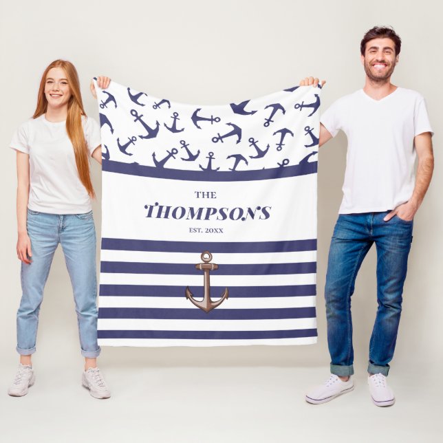 Wedding Nautical White Anchor Blue Stripe Monogram Fleece Blanket (In Situ)