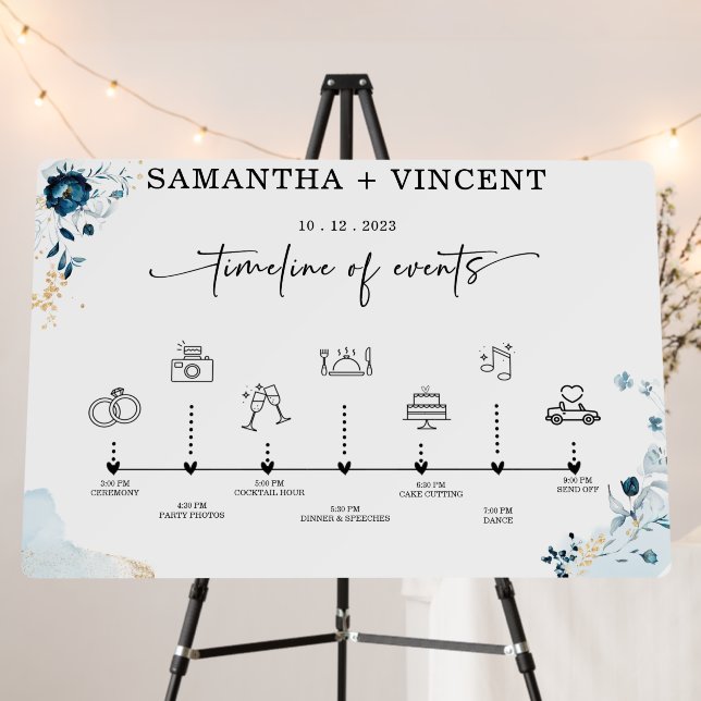  Wedding Navy Blue and Gold Timeline Sign (In Situ (Stand))