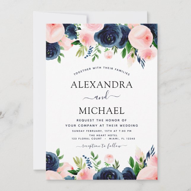 Wedding Navy Blue Blush Pink Elegant Floral Invitation (Front)