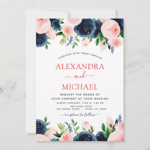 Wedding Navy Blue Blush Pink Elegant Floral Invitation
