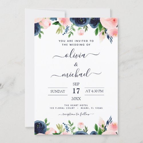 Wedding Navy Blue Blush Pink Floral Invitation