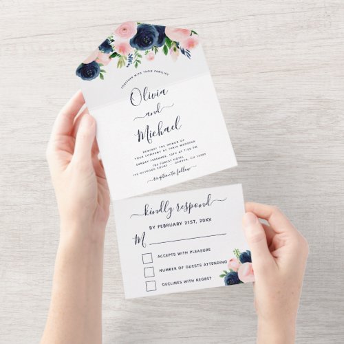 Wedding Navy Blue Blush Pink Floral RSVP All In One Invitation