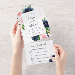 Wedding Navy Blue Blush Pink Floral RSVP All In One Invitation
