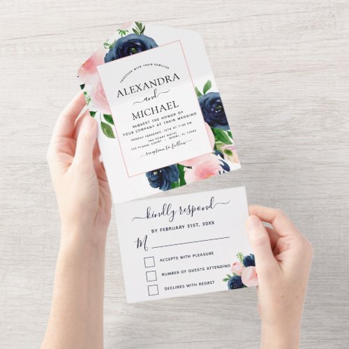 Wedding Navy Blue Blush Pink Floral RSVP  All In One Invitation