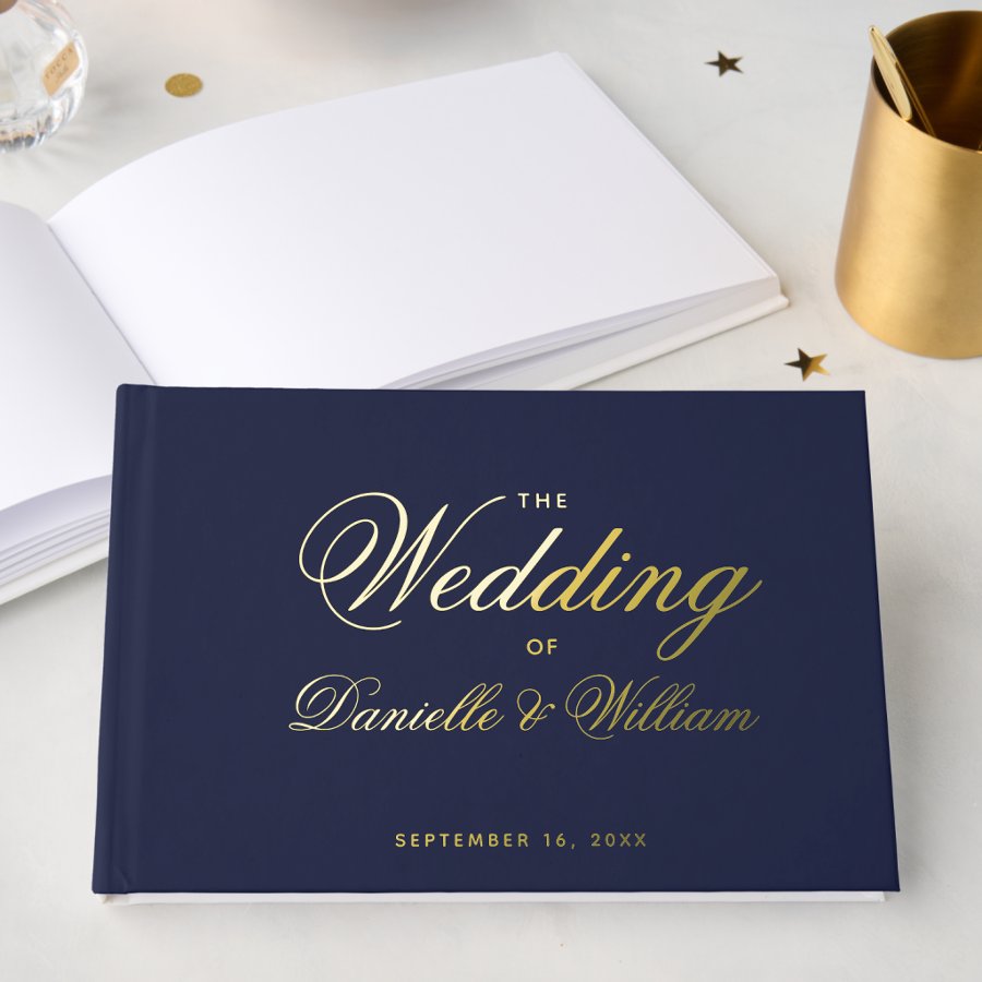 Wedding Navy Blue Calligraphy Script Typography  Foil Guest Book