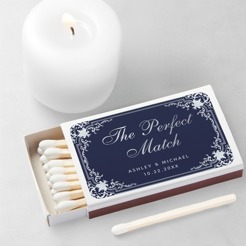 Wedding Navy Blue Elegant Vintage Faux Silver Foil Matchboxes