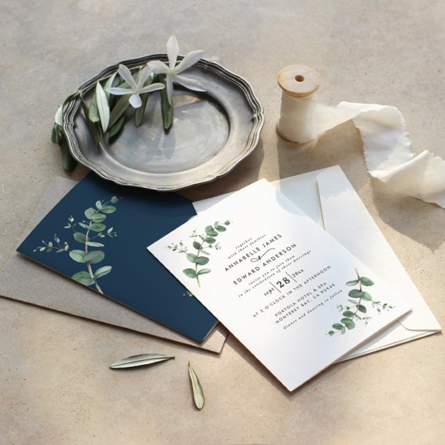 Wedding navy blue Eucalyptus simple modern Invitation (Creator Uploaded)