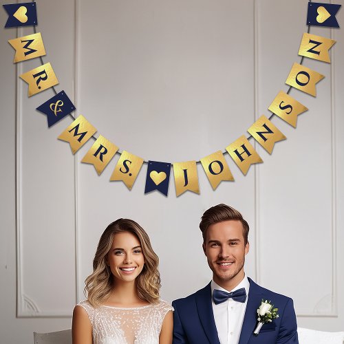 Wedding Navy Blue Faux Gold Hearts Mr  Mrs Name Bunting Flags