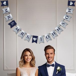 Wedding Navy Blue Faux Silver Hearts Mr. and Mrs. Bunting Flags