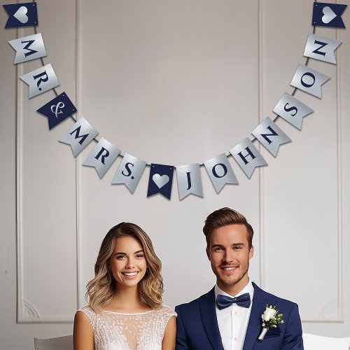 Wedding Navy Blue Faux Silver Hearts Mr and Mrs Bunting Flags