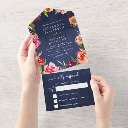 Wedding Navy Blue Floral Elegant Watercolor All In One Invitation