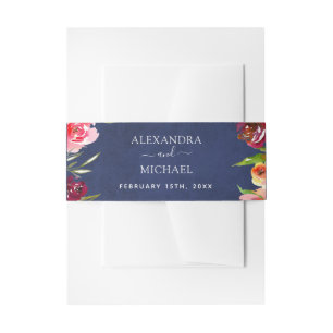 Wedding Navy Blue Floral Elegant Watercolor Invitation Belly Band