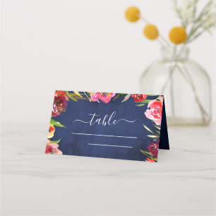 Wedding Navy Blue Floral Elegant Watercolor Place Card