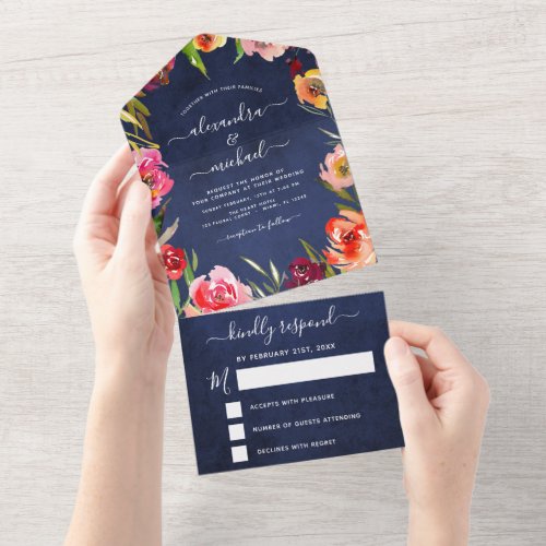 Wedding Navy Blue Floral Elegant Watercolor RSVP All In One Invitation