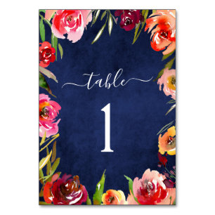 Wedding Navy Blue Floral Elegant Watercolor Table Number