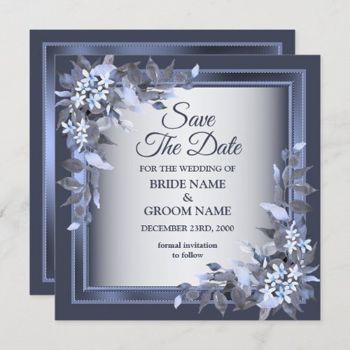 Wedding Navy Blue Floral Frame Silver Elegant Save The Date